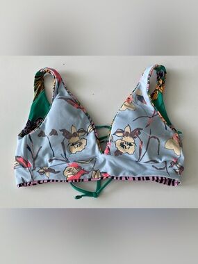Floral Light Blue Triangle Bikini Top with Green Tie